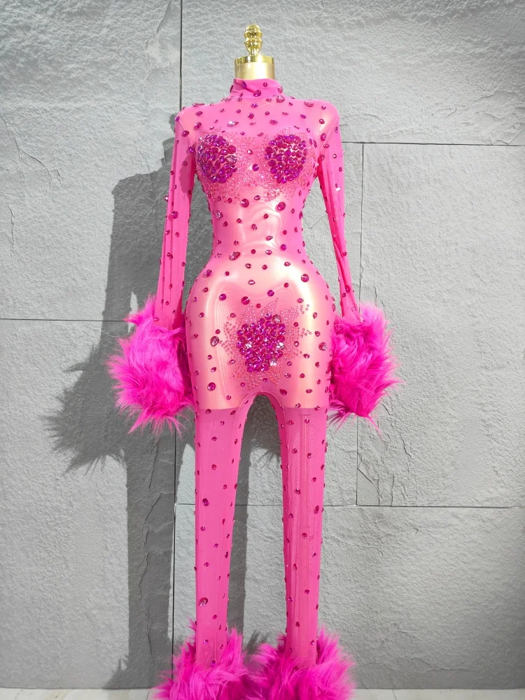 Sexy maglia di diamanti lucidi vedere attraverso tuta aderente da donna sexy manica lunga performance cantante costume discoteca vestito di scena