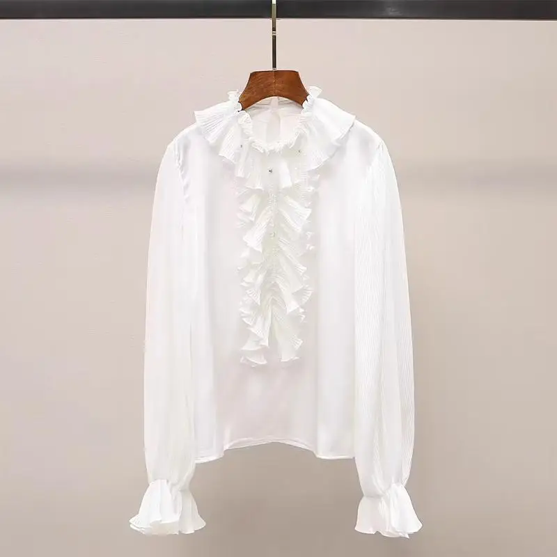 Neploe Ruffles Patchwork Pleated Chic Y2K Shirt All-match French Style Moda Elegant Blouses Minority Flare Sleeve Loose Blusas