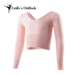 Rozpinany sweter baletowy dla dzieci z wysokim stanem balet rozgrzewka dla trykotów dekolt z długim rękawem dzianinowy Crop Top bluza