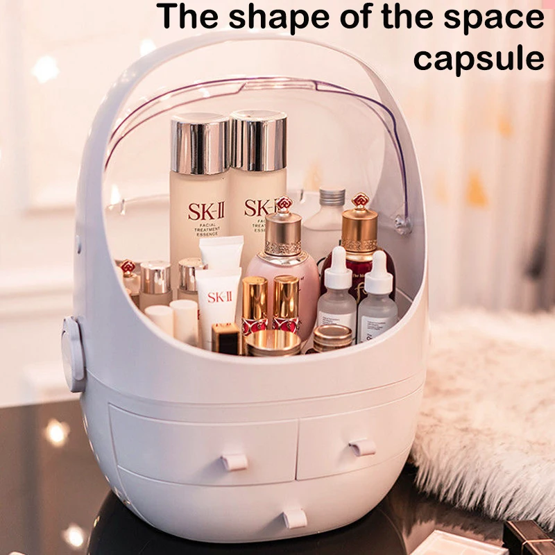 Multifunctional Dustproof Cosmetics Storage Box Space Capsule Cosmetic Case Transparent Skincare Shelves Dust Belt Handle