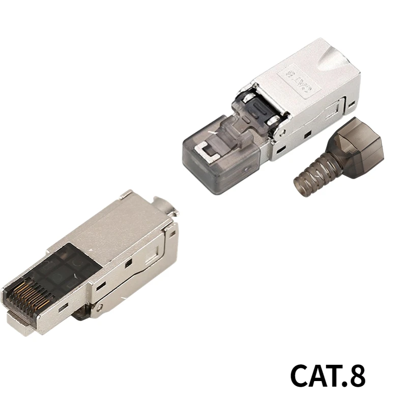 RJ45,8P8C tool free CAT.8, network cable crystal head perforated adapter zinc alloy metal shell with protective cover