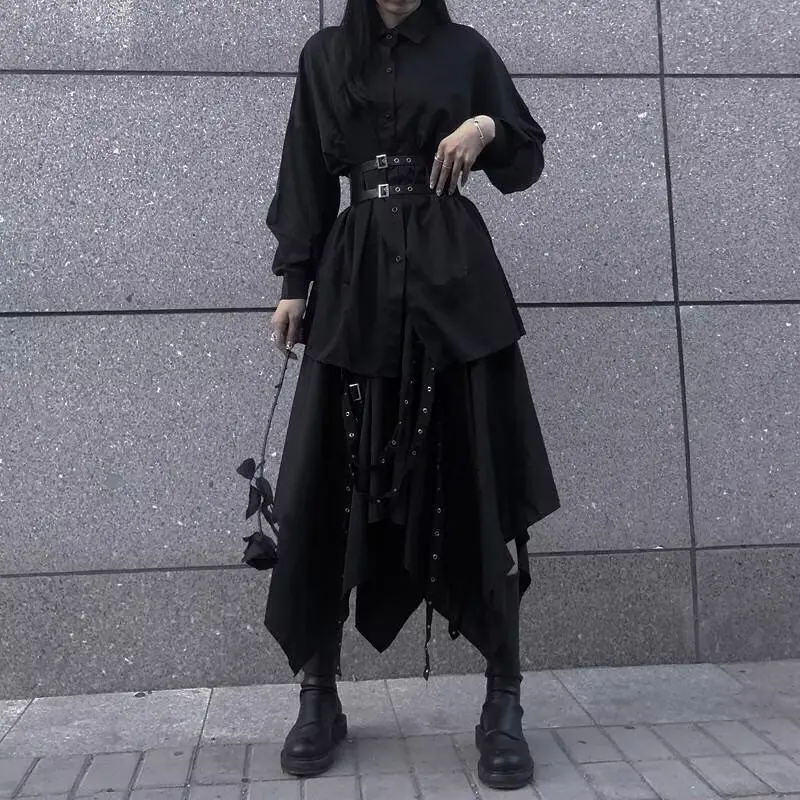 Women’s Gothic Asymmetric Midi Skirt Punk Streetwear Black Layered Design Drawstring Detail Irregular Hem Darkwear Fashion