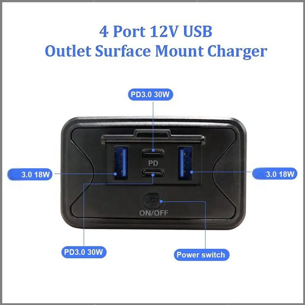Pengisi Daya Mobil Empat Port dengan Pengisian Cepat Dual PD Dual USB dan Tampilan Tegangan Cocok untuk Mobil, Kapal Pesiar, dan RV