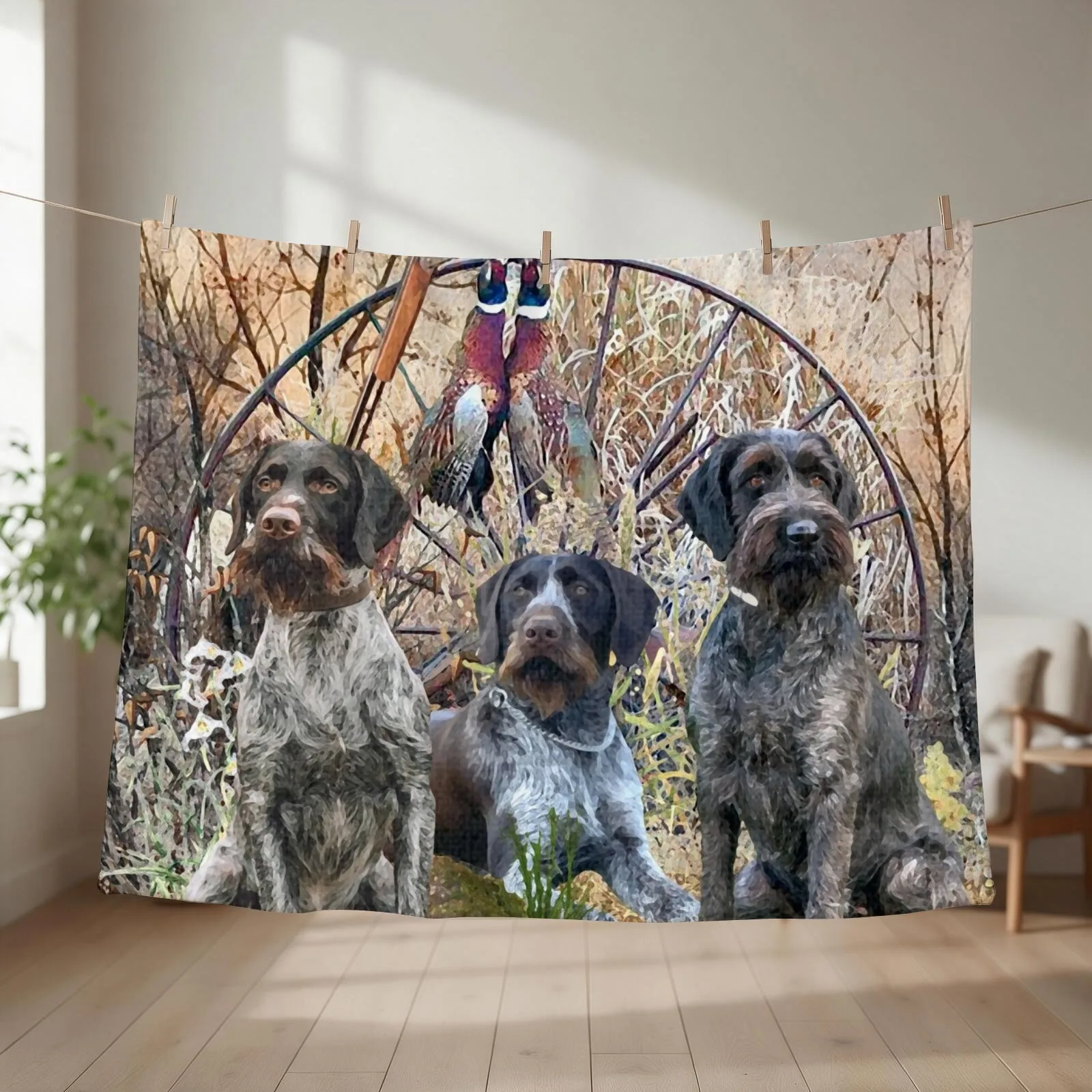German Wirehaired Pointers with pheasants (GWP) Throw Blanket couch cozy soft plush fuzzy picnic outdoor blanket