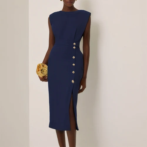 Imagen 2 del producto Vestido Midi ajustado sin mangas liso para mujer, vestido de fiesta de verano para mujer, vestido de oficina para mujer, vestidos de noche elegantes con botones divididos