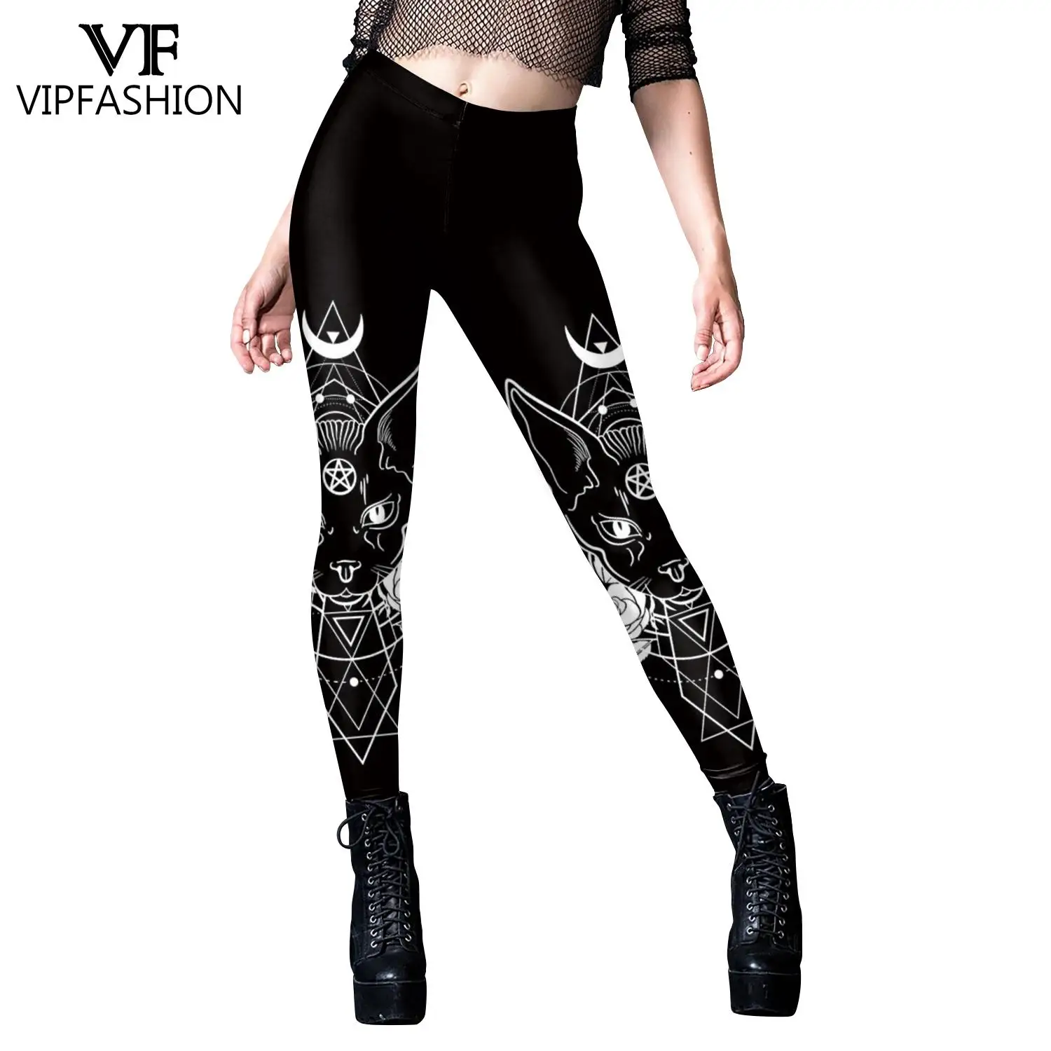 VIP FASHION Woman Gothic Leggings Sexy Steampunk Print Trousers Elastic Vintage Skinny Pencil Pants Ankle Length Cosplay Bottom