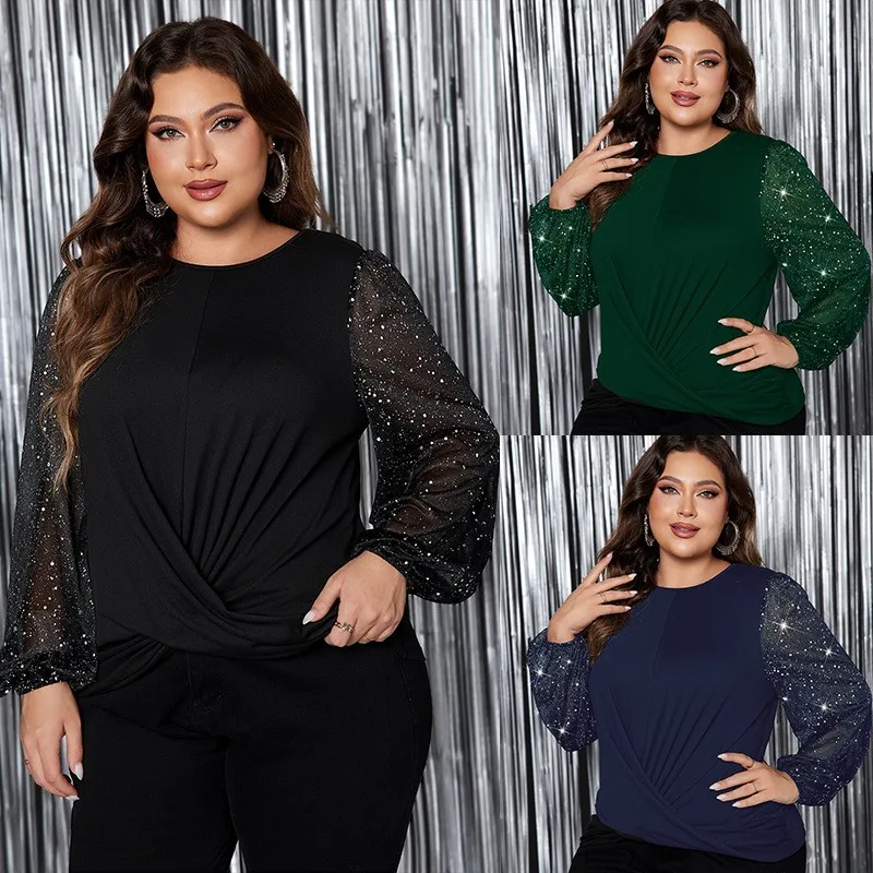 

Womens Blouse Long Sleeve Round Neck Bubble Sleeve Blouses Twist Front Solid Color Chiffon Blouse Black Plus Size Women's Blouse