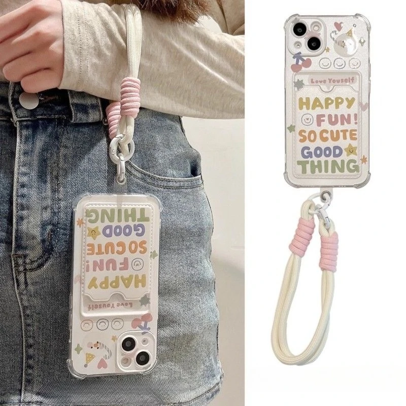 

Creative Card Holder Case For OPPO A3 A3X A60 A40 A79 A78 A58 A38 A18 A17 A17K A16 A16K A16E Cute Cover Phone Case+ Hand Rope