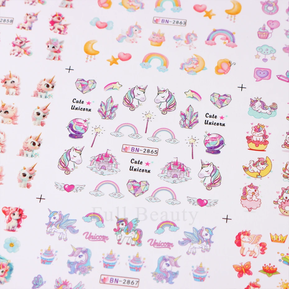 12 Designs Pink Unicorn Water Transfer Slider Rainbow Horse Ice Cream Heart Cartoon Anime Nail Sticker Polishing Nail Decoration