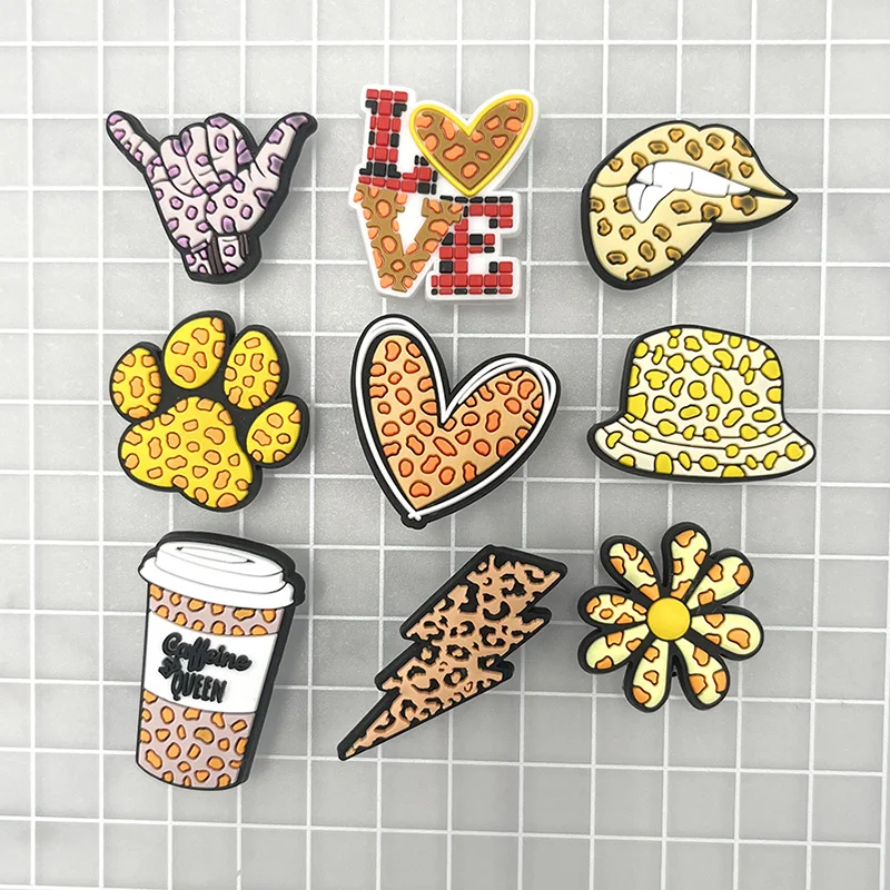 Retro Leopard Print PVC Shoe Charms Badge Coffee Cup Cat Claw Flower Buckle Accessories Cute Garden Shoes Upper Pins Decoration