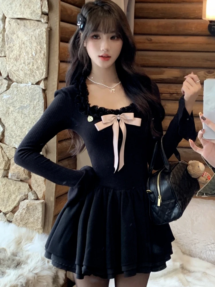 

Y2k Fashion Sweet Dress Square Collar Flare Sleeve Bow Lace Patchwork Pleated Vestidos Spring Autumn Female Slim Women Clothing