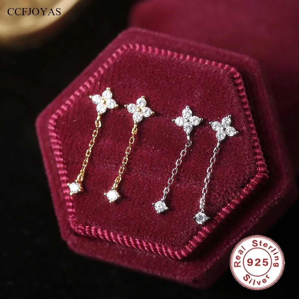 

CCFJOYAS 925 Sterling Silver Tassel four-leaf Zircon Flower Stud Earrings for Women Simple INS Gold Silver color Chain Earrings