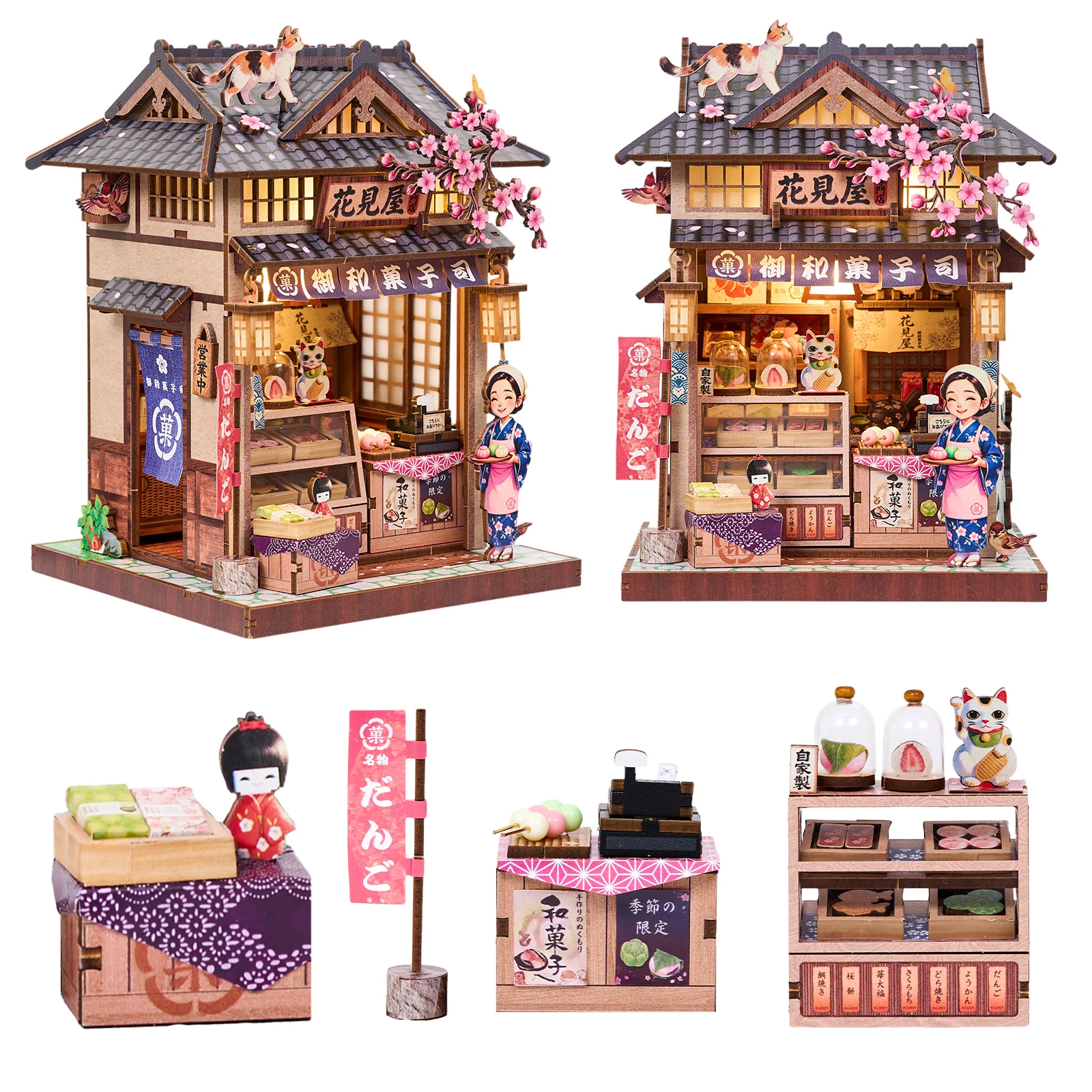 DIY Book Nook Kit Hanamiya Japanese Wagashi Shop Miniature House Wooden Dollhouse with LED Light 3D Puzzle Model for Adults