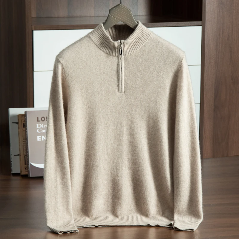 Maglione con cerniera ZOCEPT per uomo autunno inverno collo a lupetto lavorato a maglia Casual ufficio morbido vestiti caldi maglione Pullover in Cashmere di capra solido