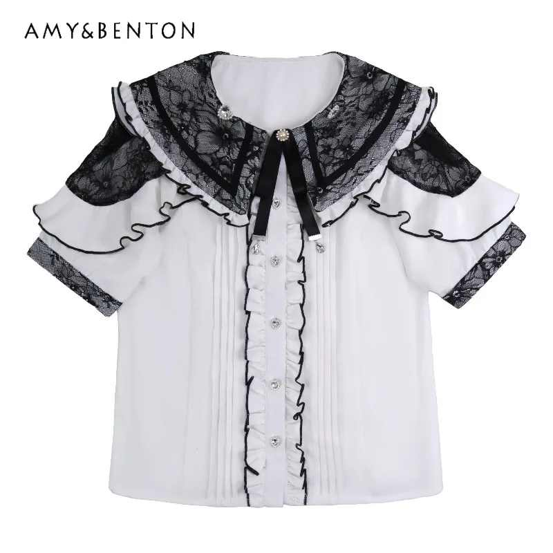 Dubbele Strik Pop Kraag Japanse In Massa Geproduceerde Patchwork Kleur Korte Mouw Zomer Zoete Leuke Lolita Veelzijdige Shirts