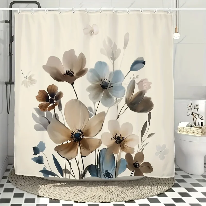 Elegant Watercolor Floral Shower Curtain Botanical Bathroom Tapestry Waterproof Liner Curtain Neutral Modern Spa Decor Shower