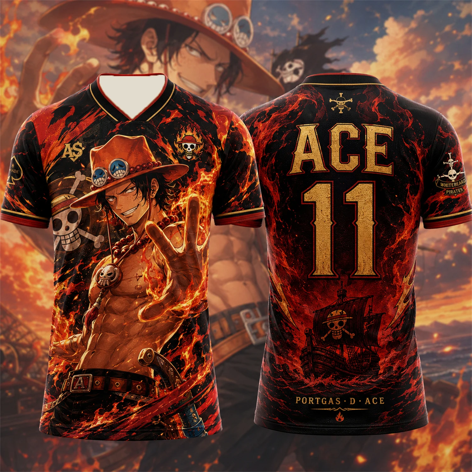One Piece Portgas D Ace Nr. 11 Flammen-Piratenschiff-Print Kurzarm-Trikot für Herren, Jugendliche und Kinder, schnelltrocknendes Anime-Sport-T-Shirt