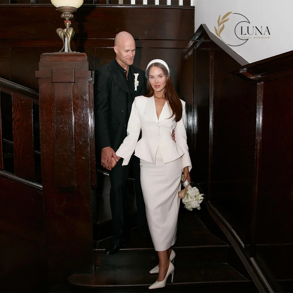 Luna Customized Two Piece Set Women Wedding Dresses Solid Color Slim Fit Blazer V-Neck Long Sleeves Bridal Gown