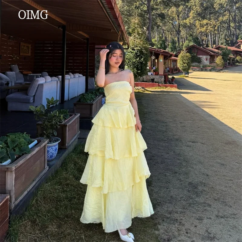 

OIMG Yellow Strapless A Line Prom Gowns Ruffled Party Gown Lightweight Floor Length Evening Dress vestidos de gala Customized