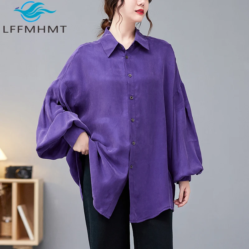 

6257, весенне-осенняя модная женская мягкая уютная шелковая рубашка из медного аммиака, хорошее качество, однотонная блузка с длинными рукавами и фонариками с лацканами