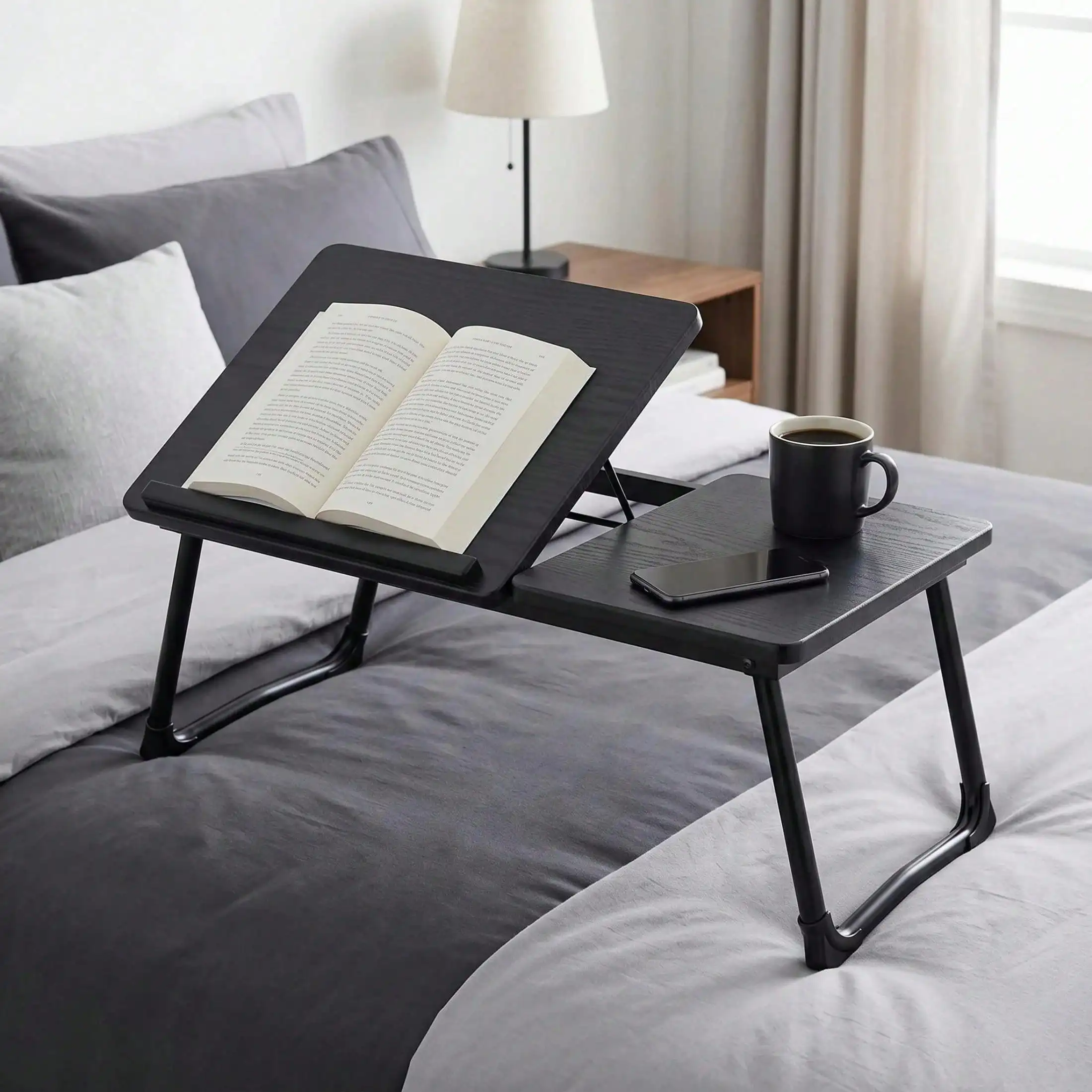 Folding Table With Adjustable Tilt Top And Foldable Legs, Black Woodgrain