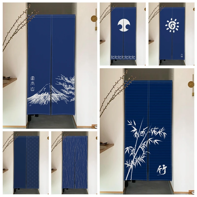 Blue Tone Japanese Style Door Curtains Mount Bamboo Dining Room Partition Linen Doorway Curtains Kitchen Entrance Half Curtains