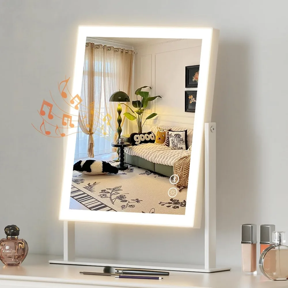 

Lighted Makeup Mirror with Bluetooth Speaker, Touch Control, 3 Color Modes, Detachable Magnifier and 360° Rotation