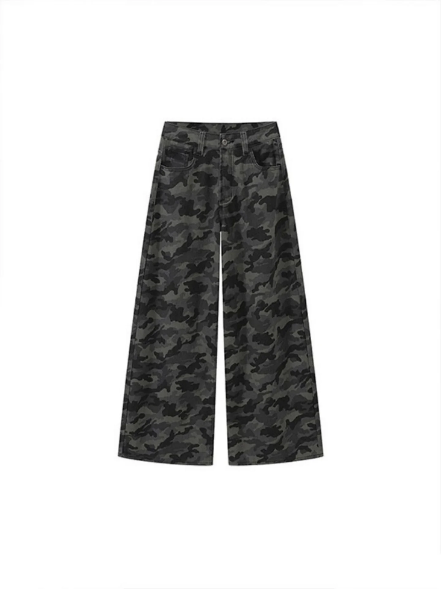 plus Size Women's Casual High Waist Wide Leg Jeans Camouflage Workwear Loose Straight Cut American Style Slimming Trousers