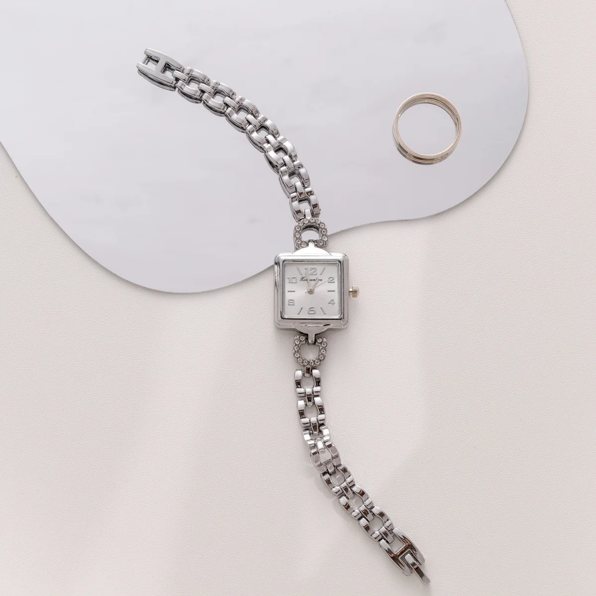 Chic Women Quartz Timepiece Geometric Square Dial Openwork Zinc-alloy Bracelet Avant-garde Design Watch Accessories Jewelry Gift