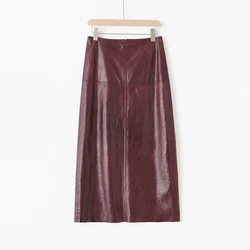 Vintage Waxed Cowhide Real Leather Skirt for Women 2024 Autumn Winter Chic Wine Red Female High Waist Long Package Hip Skirts