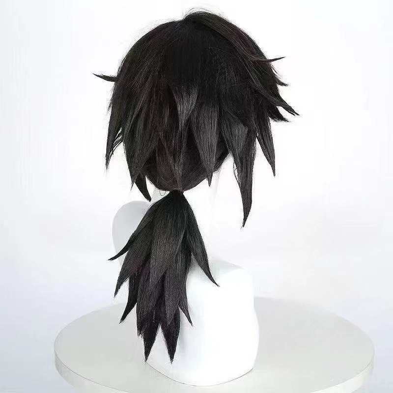 Men's Black Thick Fluffy Flip Ponytail Cosplay Wig for Anime Role Play