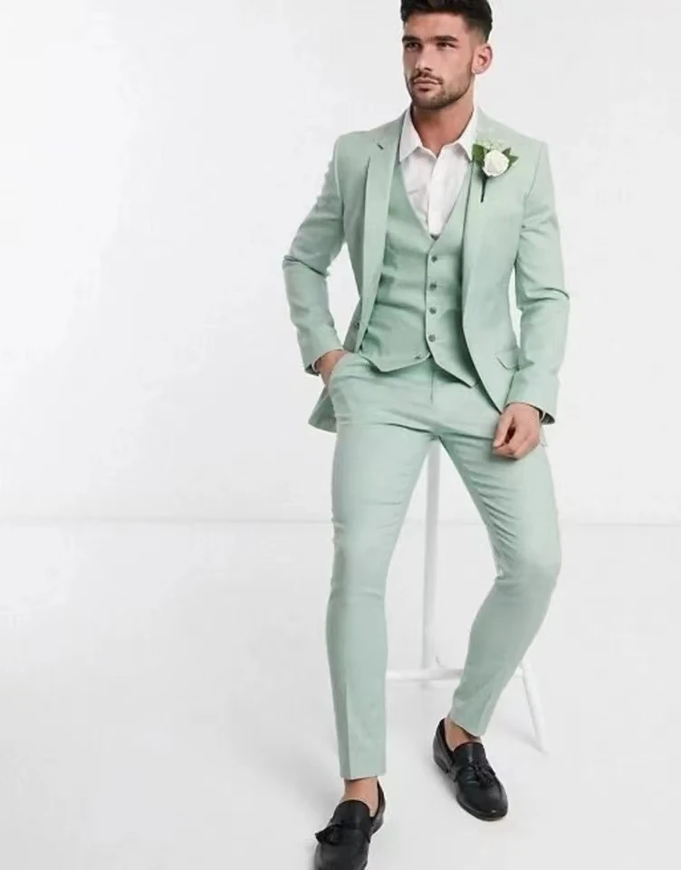 Light Green Men Suit Set Slim Fit Notch Lapel Groom Tuxedos Wedding Suits For Man Costume Homme Mariage 3PCS(Blazer+Pants+Vest)