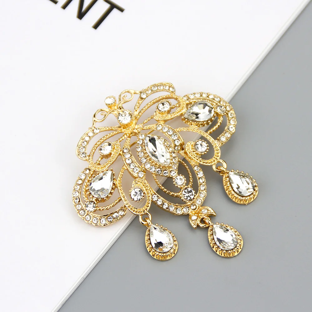 Sunspicems Morocco Crystal Brooches For Women Gold Color Caftan Brooch Pins Flower Algeria Bride Wedding Jewelry Dubai Bijoux