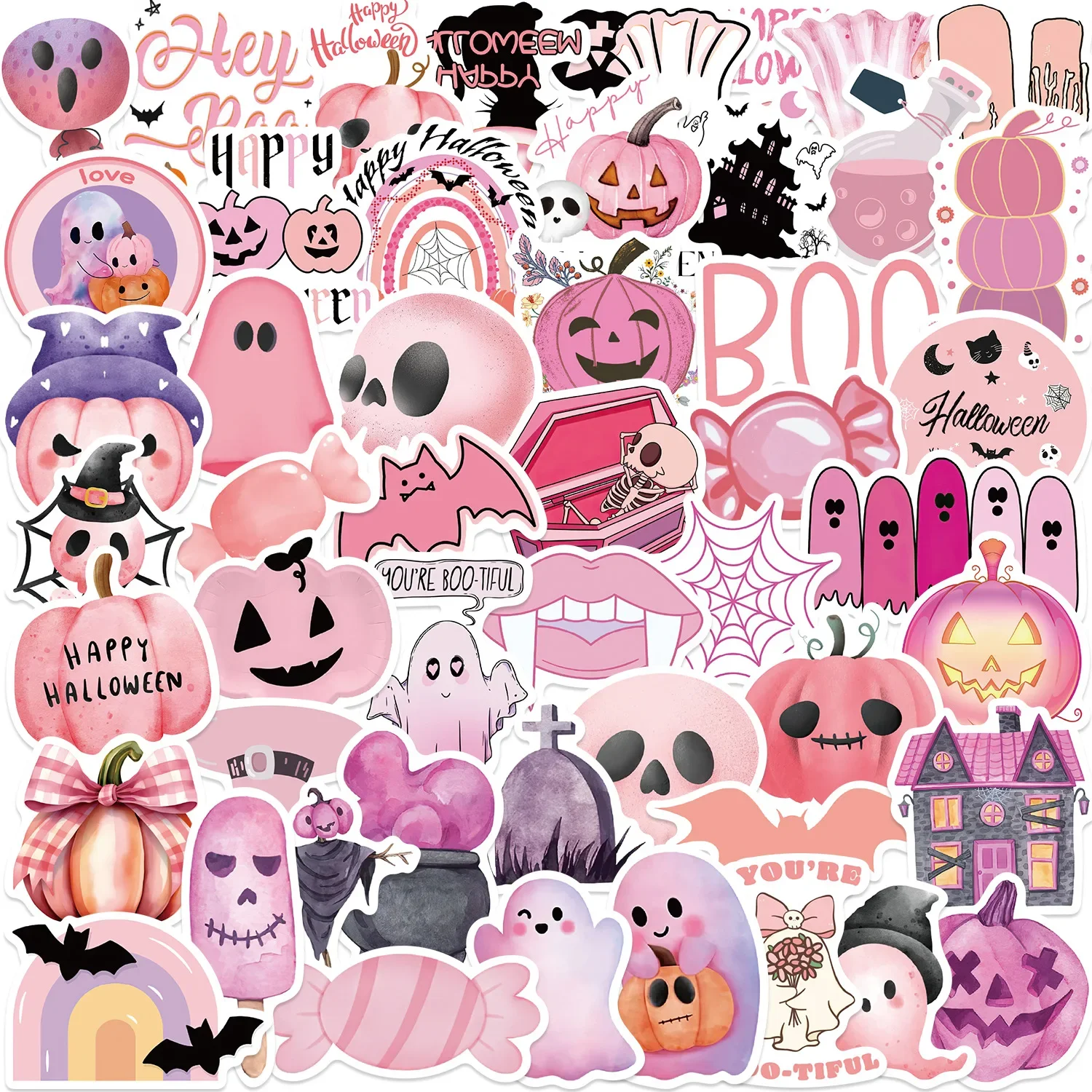 50pcs Kawaii Pink Halloween Party Ghost Skull Pumpkin Stickers Notebook Guitar Skateboard Waterproof Cute Decorative Sticker Toy