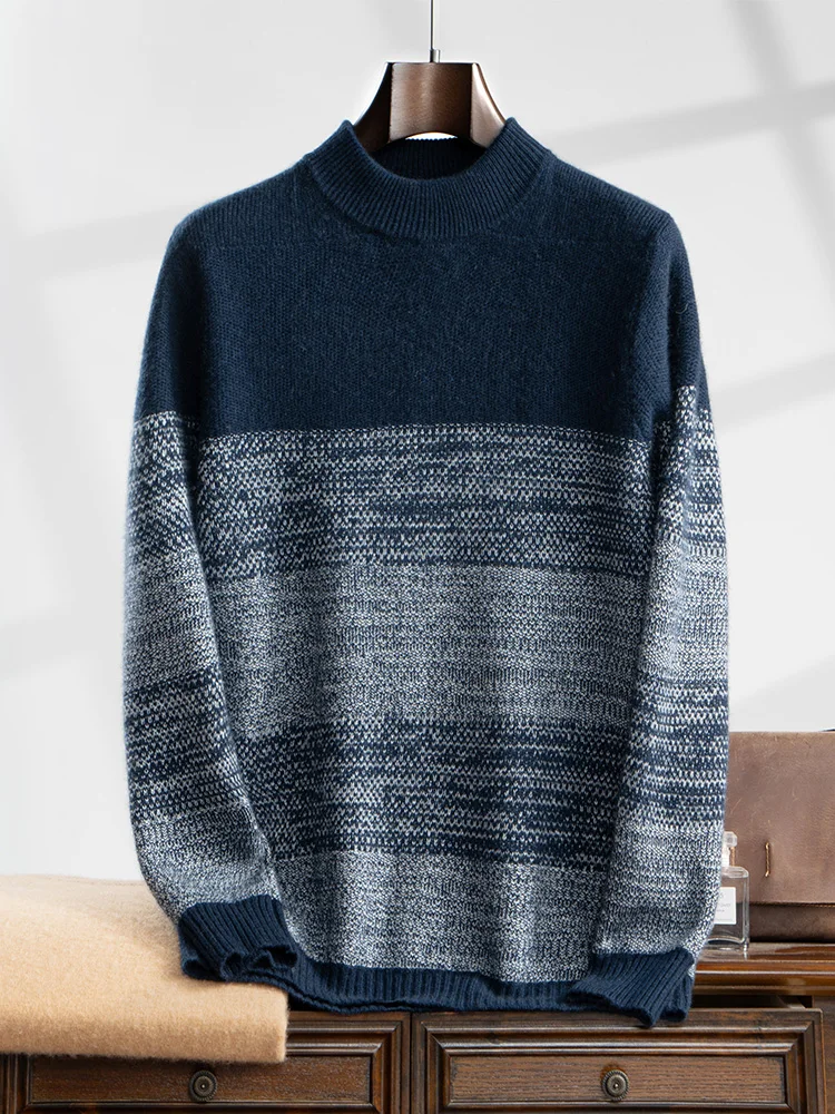 High Quality Men Autumn Winter Cashmere Sweater Mock Neck Striped Thick Pullover 100% Cashmere Knitwear Soft Warm Clothing Tops