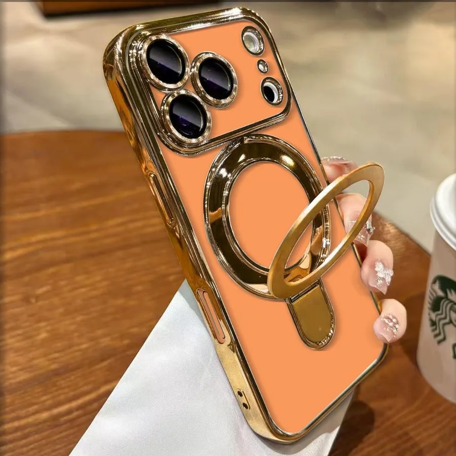 

Золотой чехол для телефона с магнитной подставкой и военной защитой и защитой объектива камеры для iPhone 17 Pro 6,3 дюйма