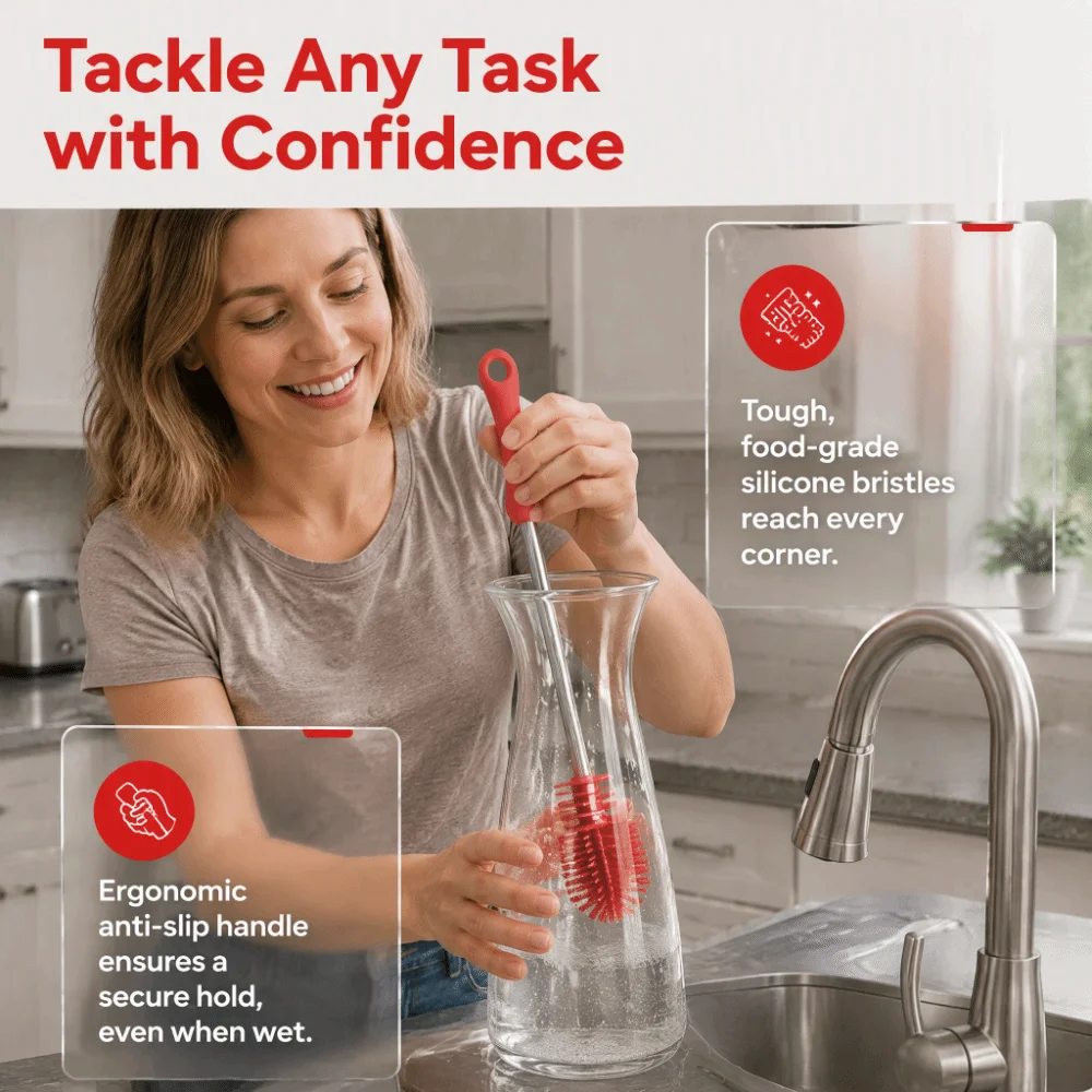 Long Handle Bottle Cleaning Brush Non Scratch Flexible Bristle Kitchen Cleaning Brush Red Water Bottle Brush Vase Cleaning view 5