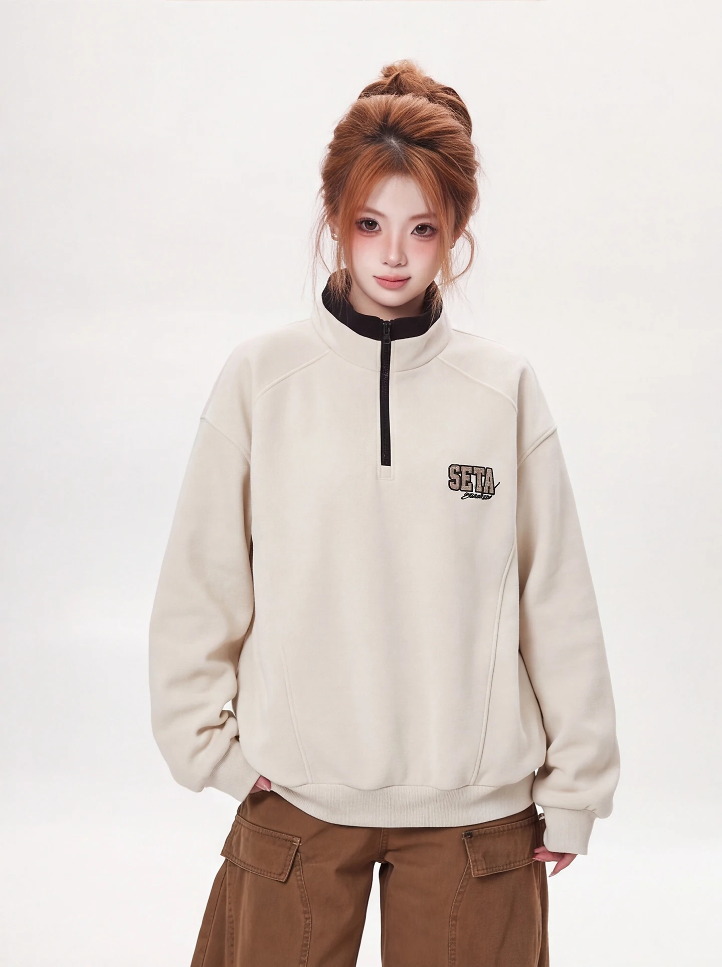 Loose Fit Casual Sporty Style Half Zip Hoodie Women's Embroidered Slimming Anti-Aging Overhead Jacket Ant Leisure Wear