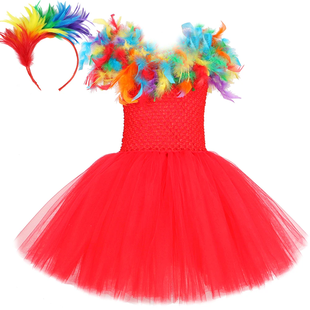 Rainbow Feather Parrot Dresses For Baby Girls Bird Halloween Costumes For Kids Toddler Birthday Party Outfits Fancy Tutu Dress