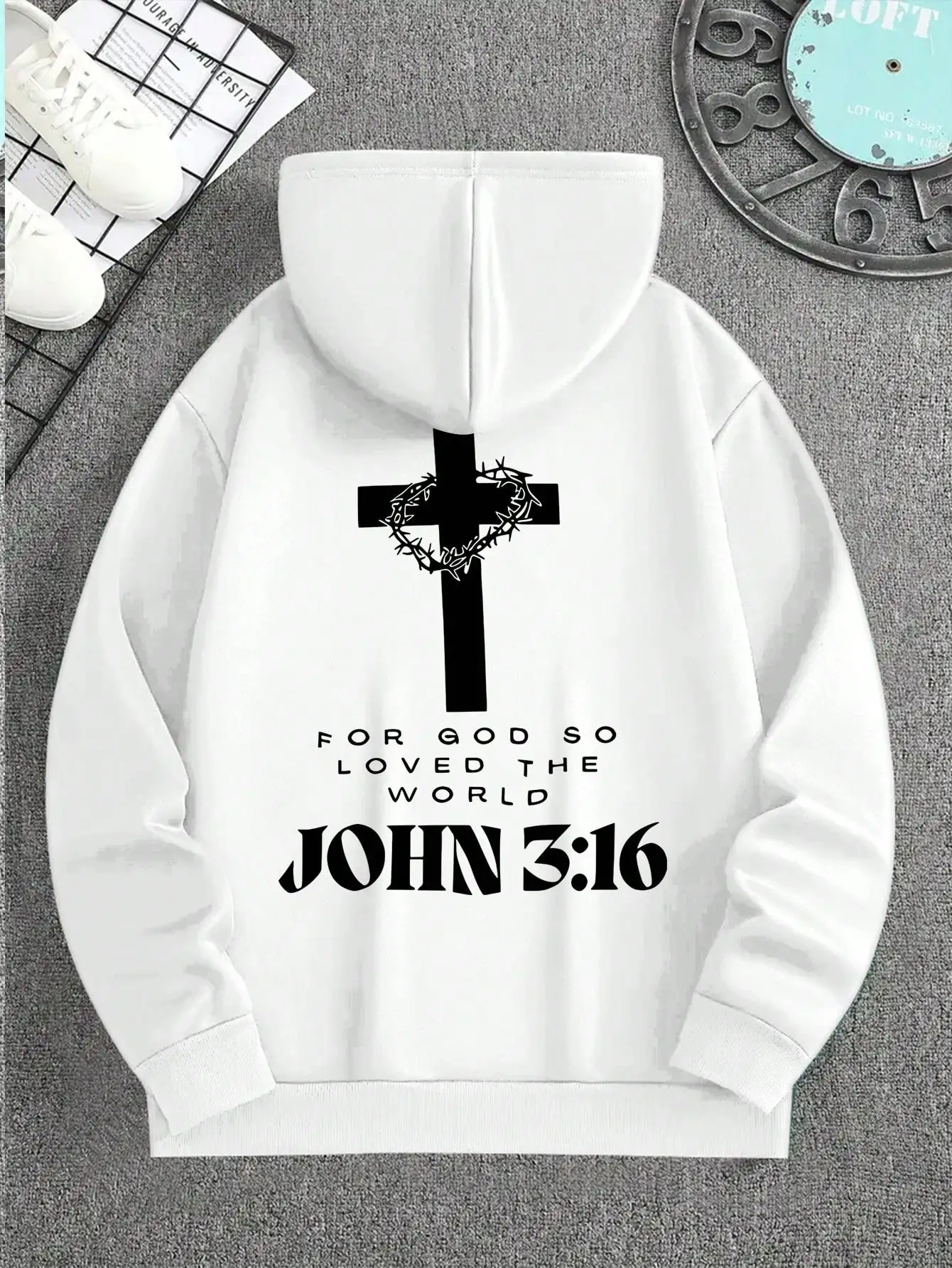Men's Graphic Hoodie White Double Sided Print Cross Bible Verse Jesus Regular Fit Long Sleeve Pullover Christian Faith Casual Apparel Tops