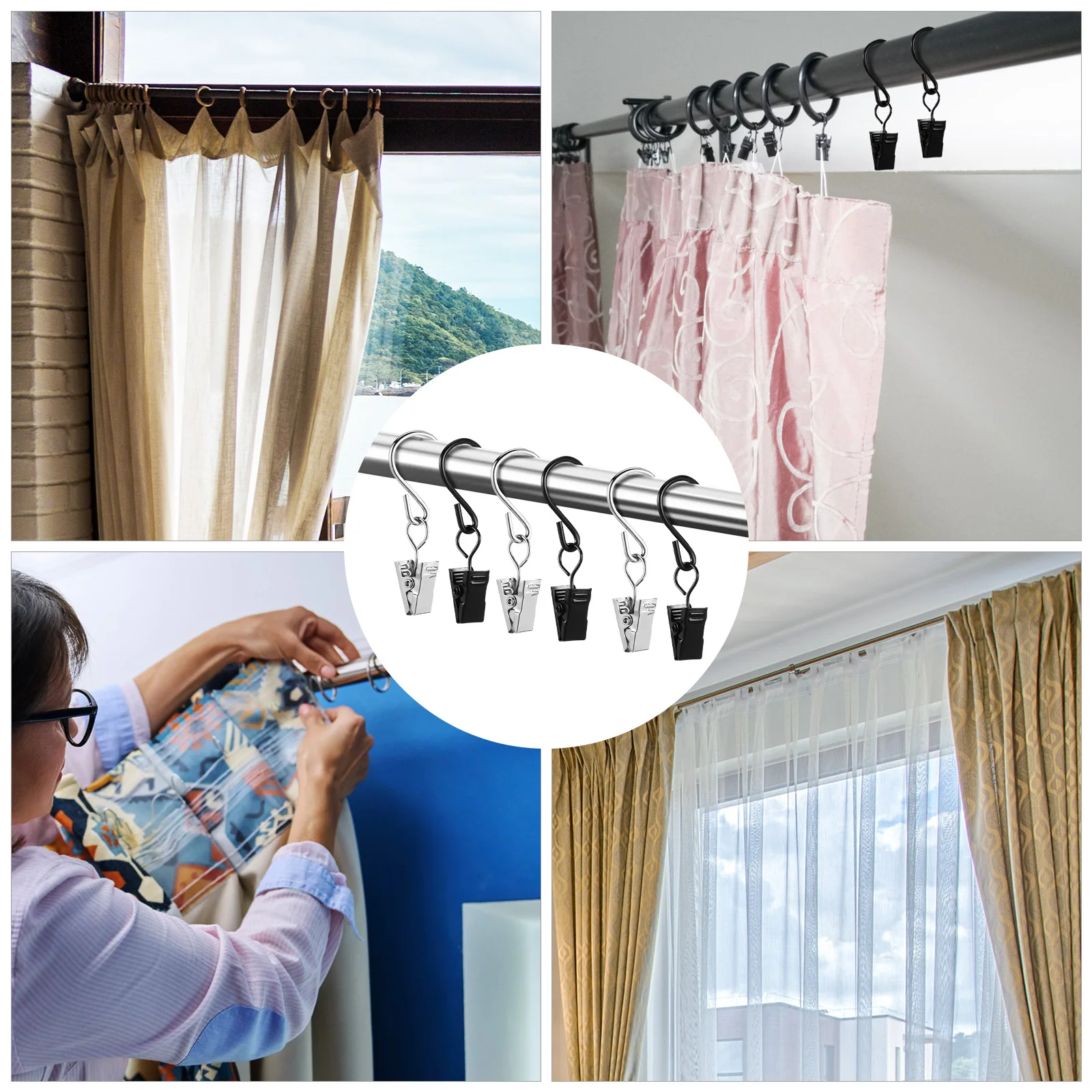 

50 Pcs Curtain Hook Clip Clips Shower Clamp Rod Hooks with Hangers Iron Clamps Pin