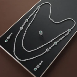 Luxury Geometric Sunflower Ball Water Drop Long Necklace Earrings Ring Sets For Women Cubic Zirconia CZ Bridal Jewelry S479-2794