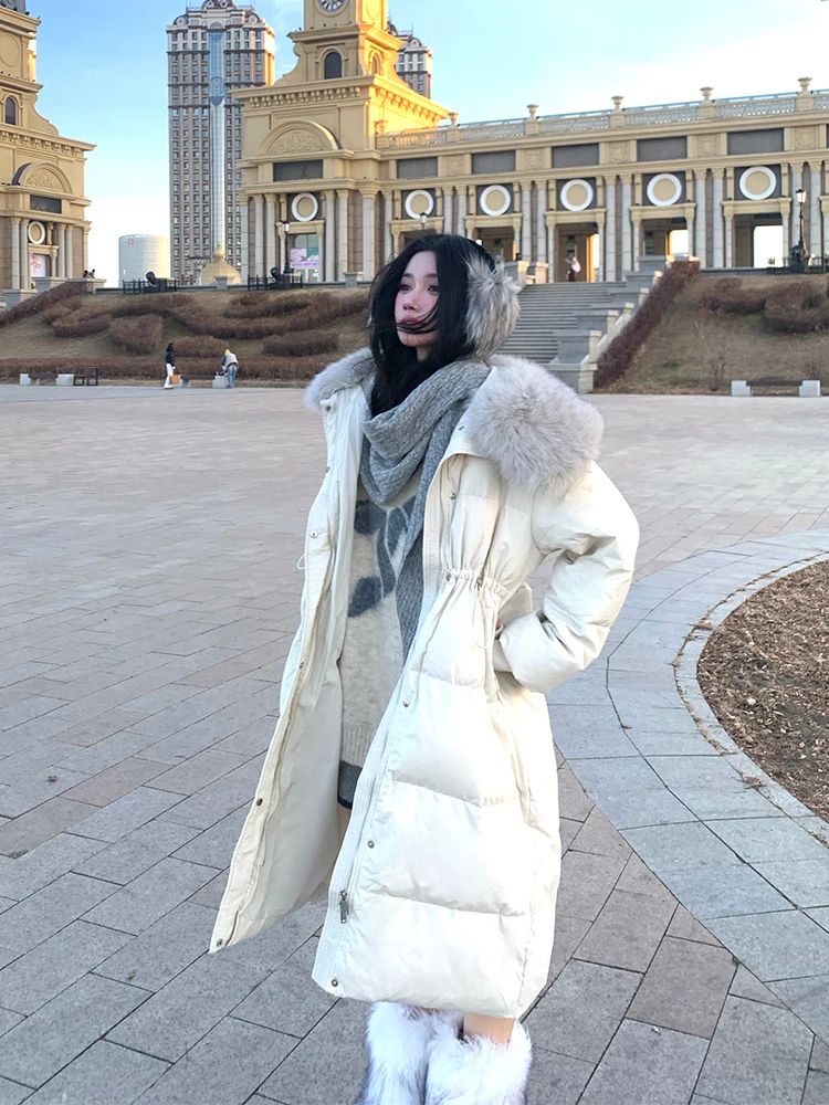 

Faionable Mid-Length down Jaet with Large Fur Collar for New Year Date Korean Sle Slim Fit Pure Color Commute Wind