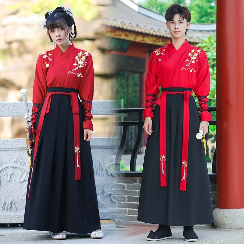 Couples Ancient Chinese Traditional Hanfu Embroidery Han Dynasty Stage Performance Cosplay Costume Cross-collar Swordsman Suit