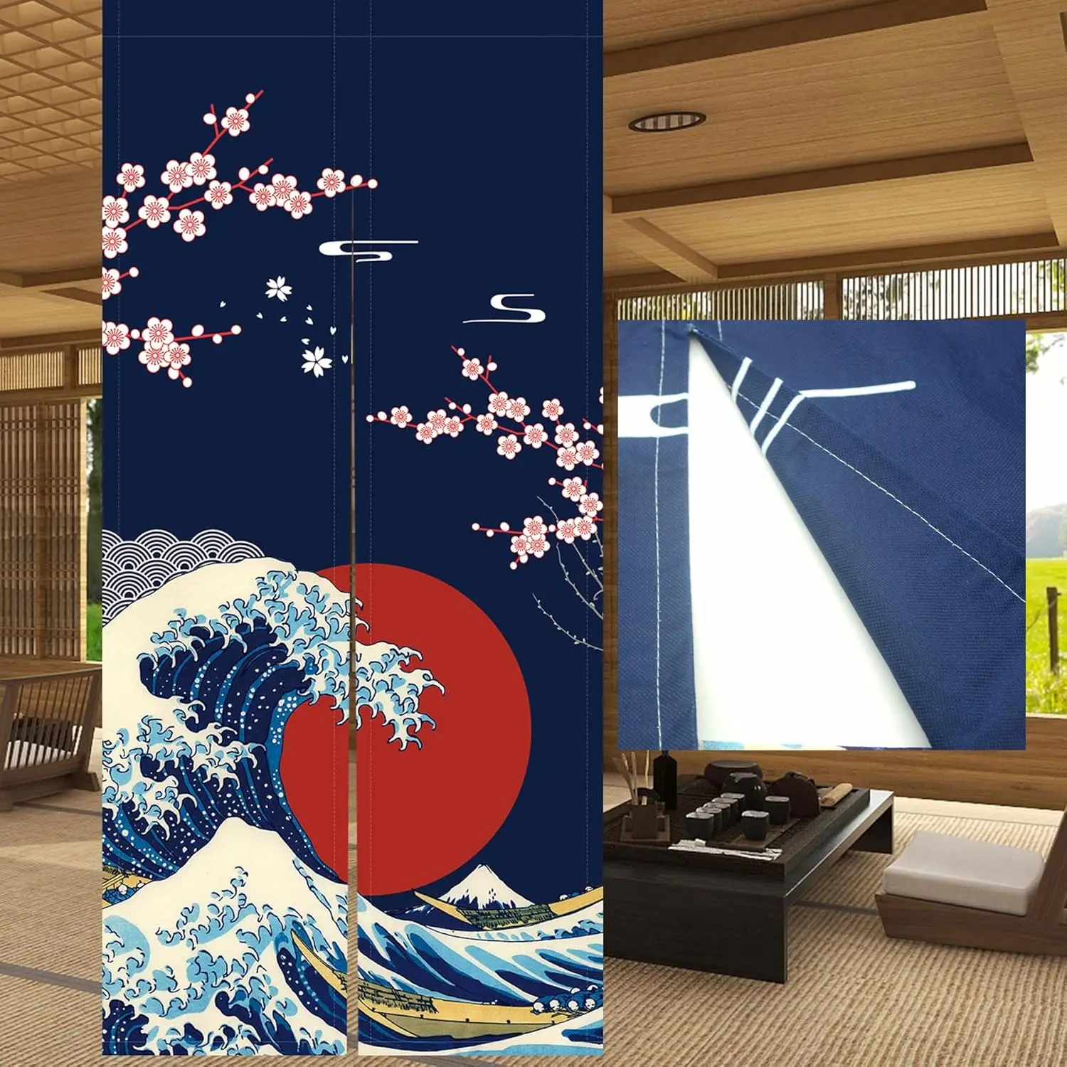 Japanese Noren Curtain - Hokusai Great Wave Print with Cherry Blossoms & Sun, Ukiyo-e Window Treatment Door Tapestry