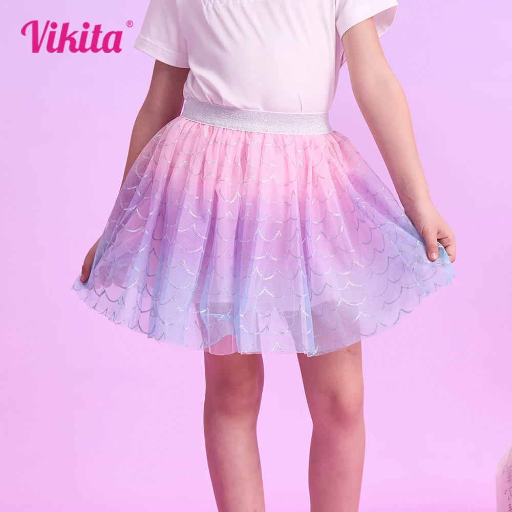 VIKITA Kids Mermaid Print Skirt Girls Colorful Gradient Princess Mini Skirts Girls Party Beach Casual Skirts Children Costumes