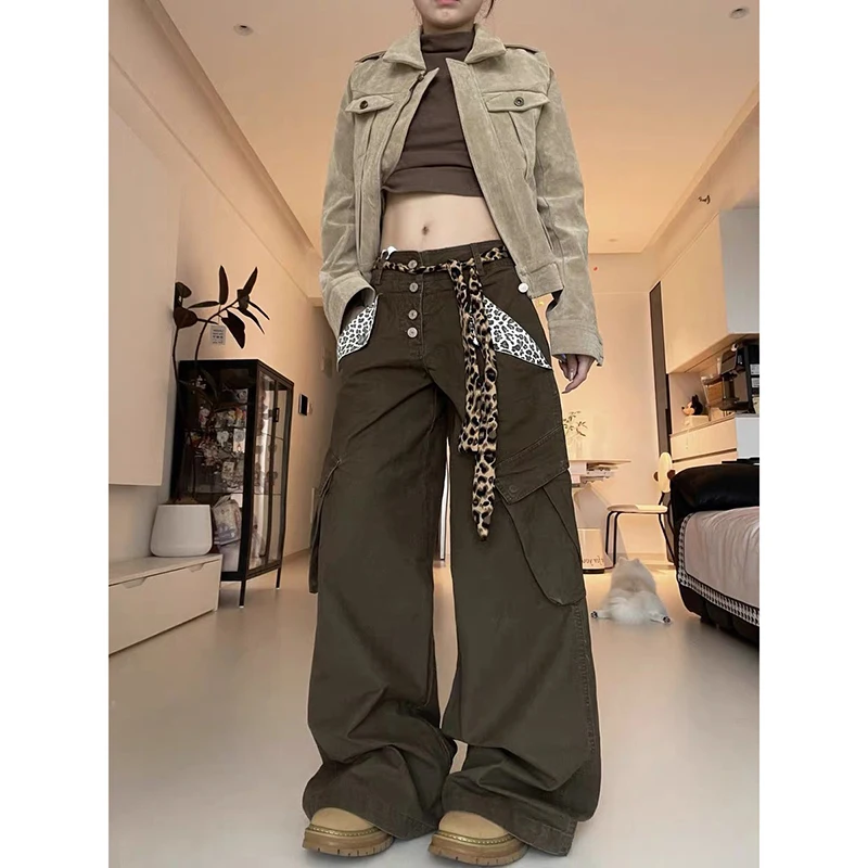 

ZHIZOU американские ретро карманные леопардовые джинсы с нашивкой для женщин Y2K уличная одежда Harajuku свободные повседневные широкие брюки с высокой талией