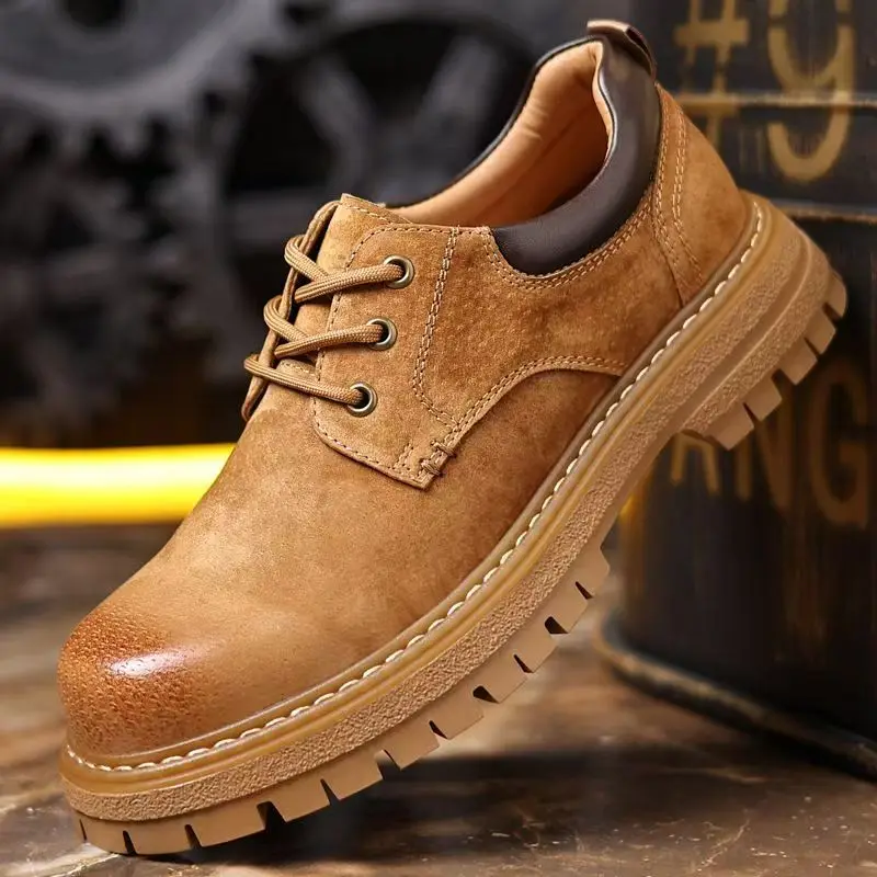 

Мужская рабочая обувь из натуральной кожи с низким берцем на шнуровке, весенне-осенняя удобная дышащая уличная походная обувь на толстой подошве с круглым носком