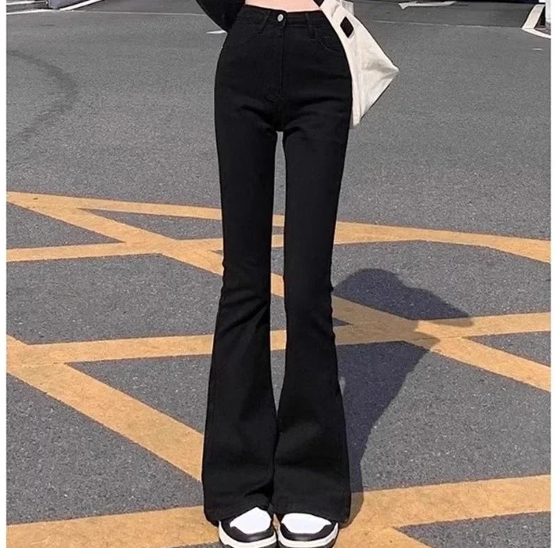 

Женские американские облегающие джинсы с высокой талией, женские модные брюки-клеш Y2k, эластичные черные джинсовые брюки для девочек