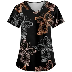 Women Nurse Uniform Butterfly Pattern 3d V-Neck Pocket Medical Uniform Cartoon Nursing Scrubs Short Sleeve Pocket Loose Workwear